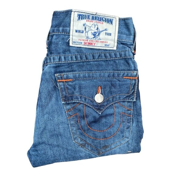 True Religion Jeans Size 30 TRASHED Orange Stitch Denim Blue - Picture 8 of 8